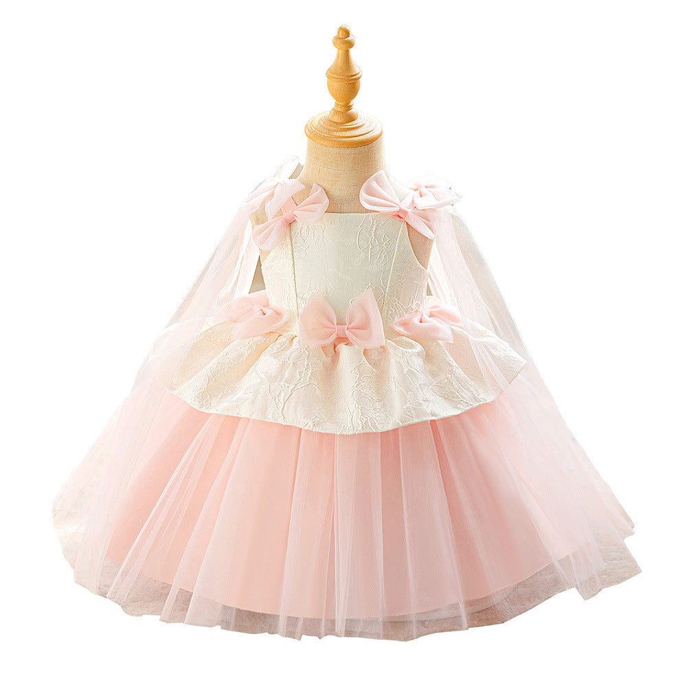 Girls party dress 2025 new children's birthday princess dress little girl bow foreign fluffy gauze skirt