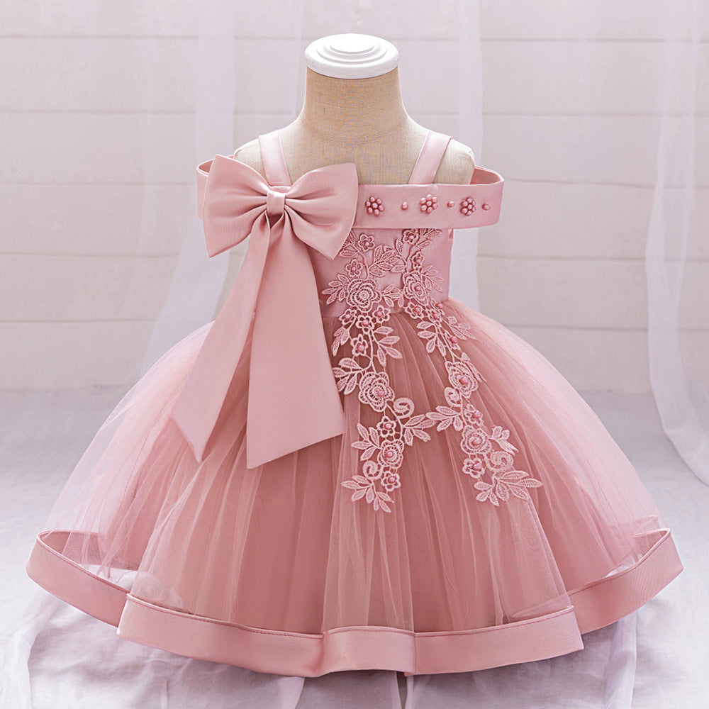 Foreign trade cross-border new children's wedding dress one-word shoulder pearl embroidery girls performance princess puffy skirt summer