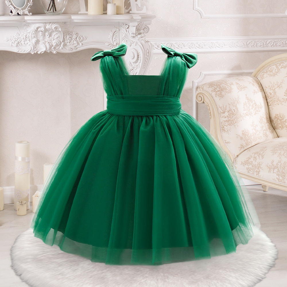 Amazon's new baby dress sleeveless bow waist pleated mesh skirt wedding flower girl skirt