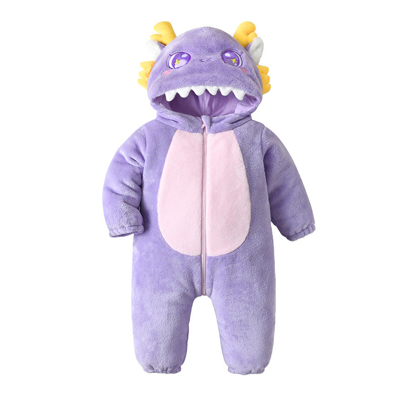 Qile Rabbit autumn new baby single-layer flannel cartoon dinosaur shape hooded one-piece Romper