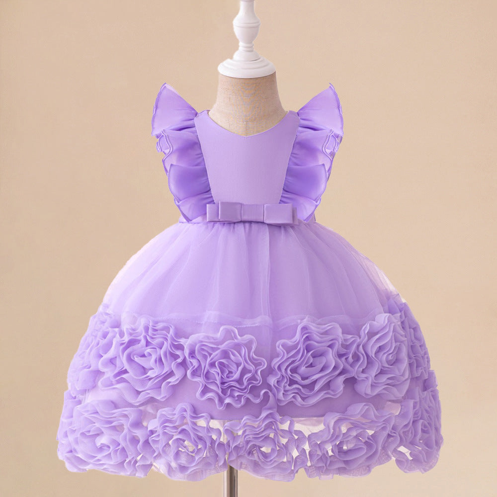 European and American new medium and small children's dresses wedding season flower girl three-dimensional small flying sleeves fluffy princess dress baby year-old dress