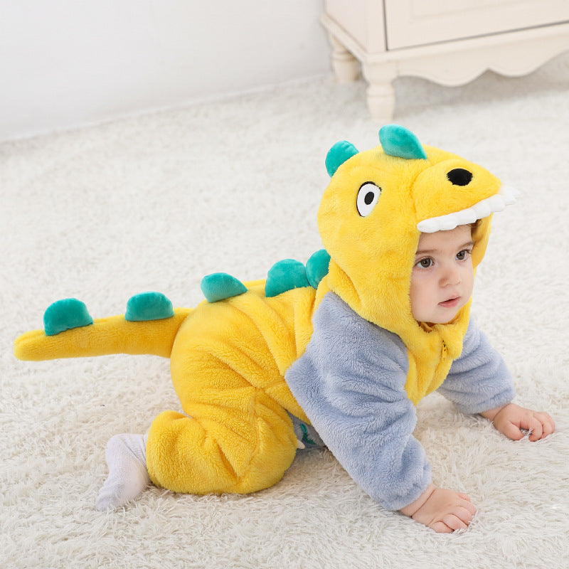 Qile Rabbit Spring and Autumn New Infant and Toddler Baby onesie Cute style contrasting color pocket dinosaur single-layer styling clothes