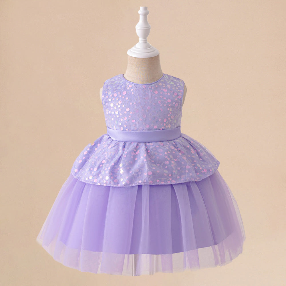 Amazon's new children's dress sleeveless bead splicing mesh tutu skirt baby one-year-old wedding flower girl dress
