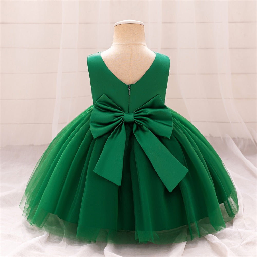 Spot ins style wedding flower girl dress baby first birthday party wash dress bow satin mesh skirt