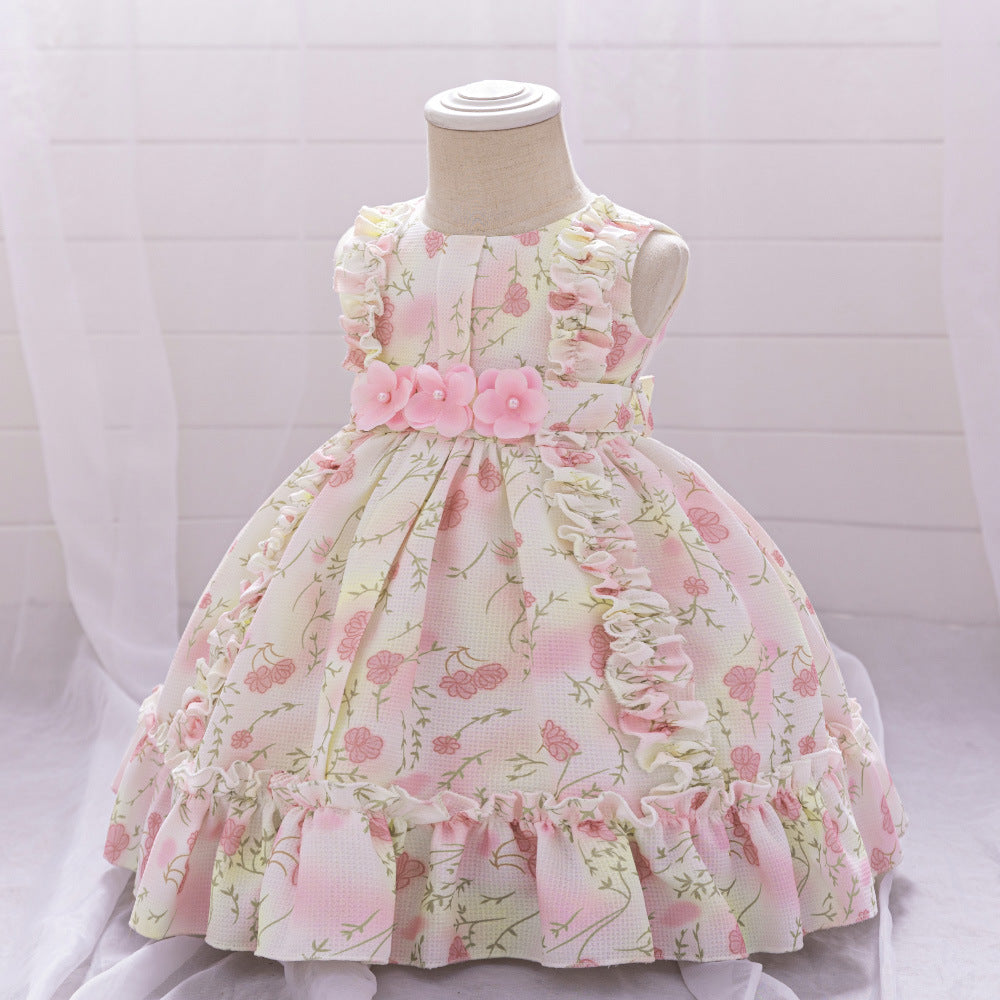Amazon's new baby dress, baby's first birthday and full moon birthday wash dress, printed flower girl princess dress