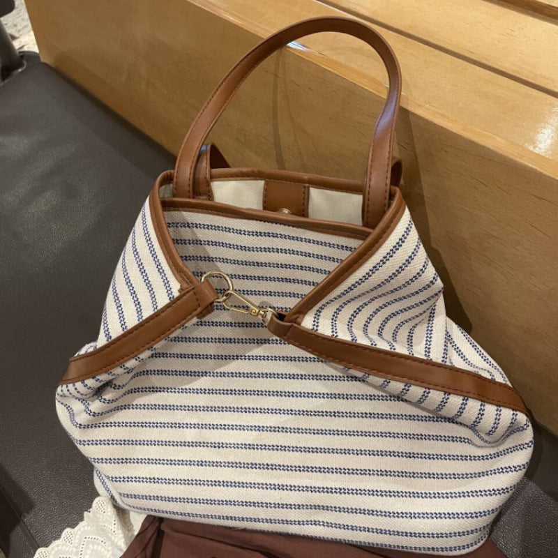 2025 new Korean niche fashion commuter versatile canvas bag, high-end lazy large-capacity striped tote bag