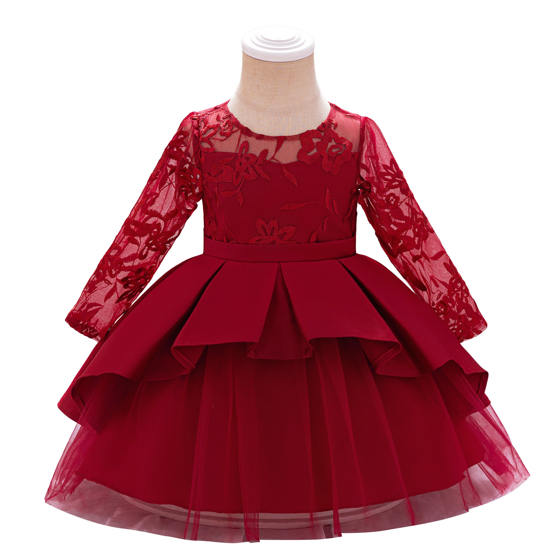 TEMU Amazon's new baby one-year-old dress long-sleeved hollowed-out embroidered satin cloth splicing mesh fluffy cake skirt