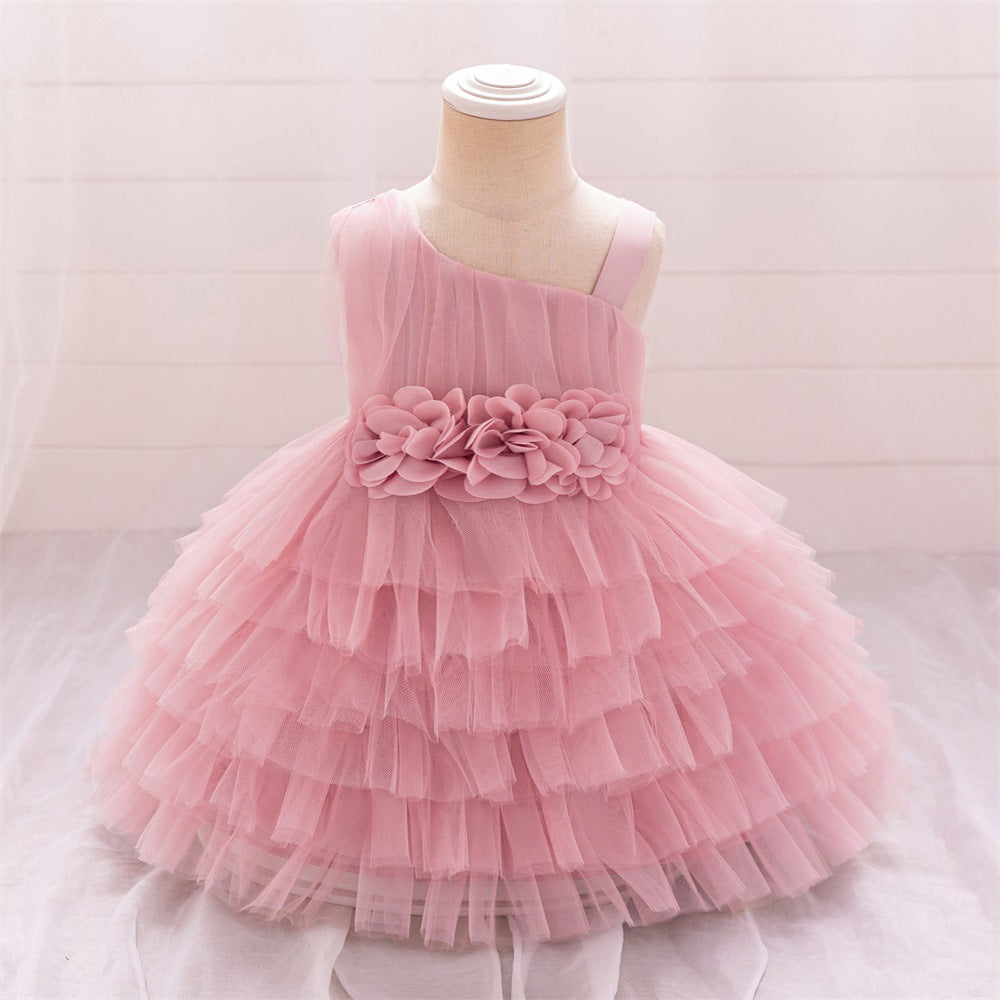 Amazon girl baby cake skirt one-year-old baby suspender slanted shoulder mesh princess skirt children's 100-day wash dress