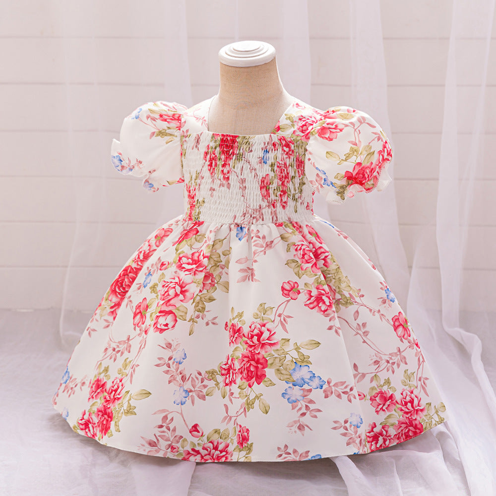 2024 European and American new girls' dress princess dress bubble sleeve floral printing dress baby year-old dress dress