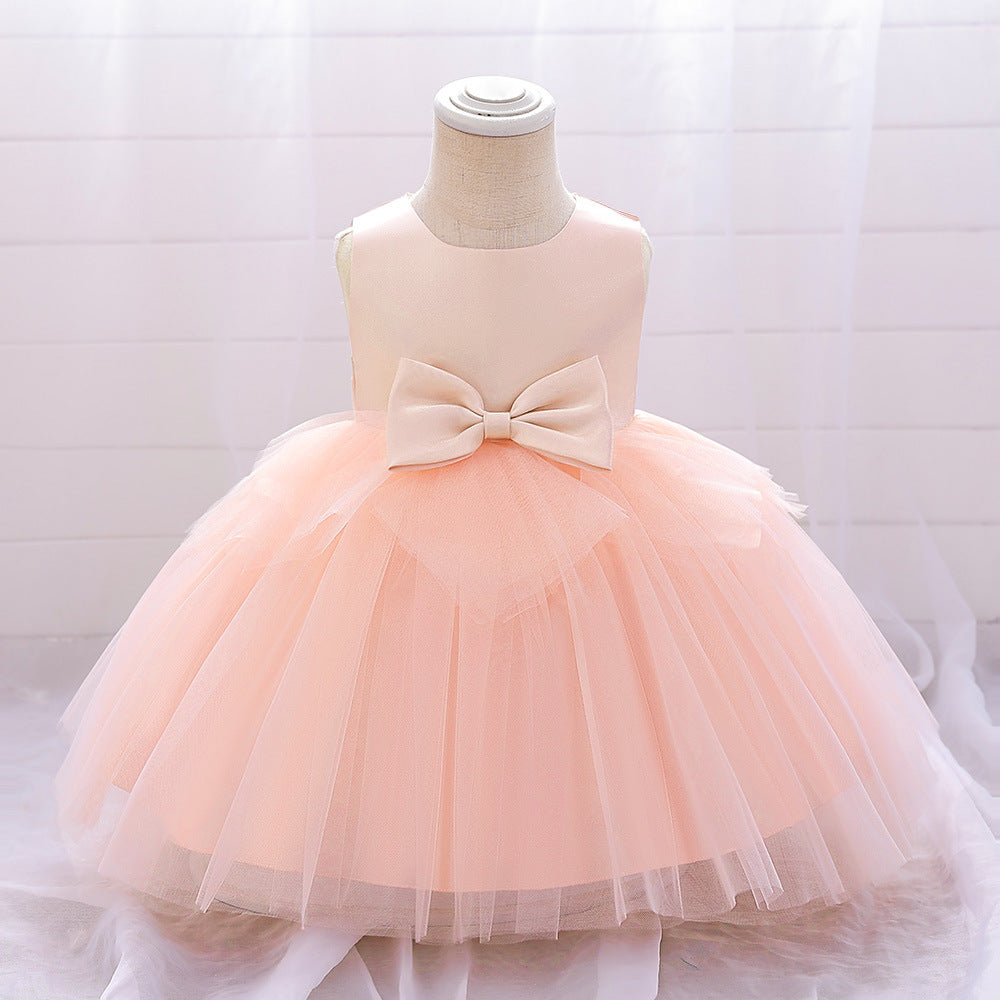Children's princess dress Amazon baby dress sleeveless satin bow flower girl performance dress mesh skirt