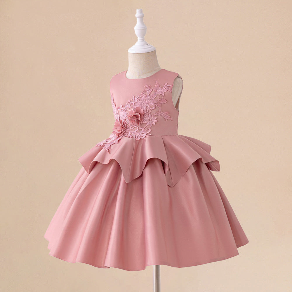 Summer children's dress princess dress cross-border new medium and small children's satin dress sleeveless three-dimensional applique performance clothes