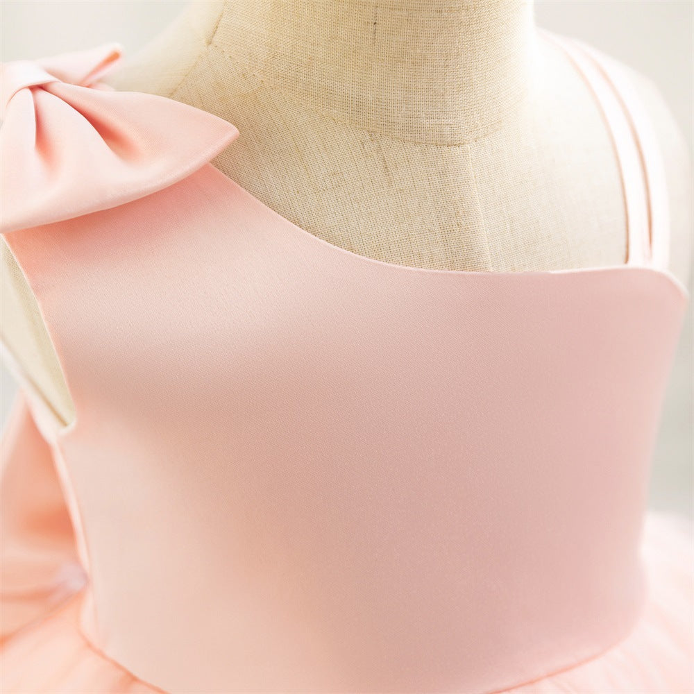 Summer children's dress slanted shoulder satin mesh splicing children's dress back big bow fluffy princess dress spot