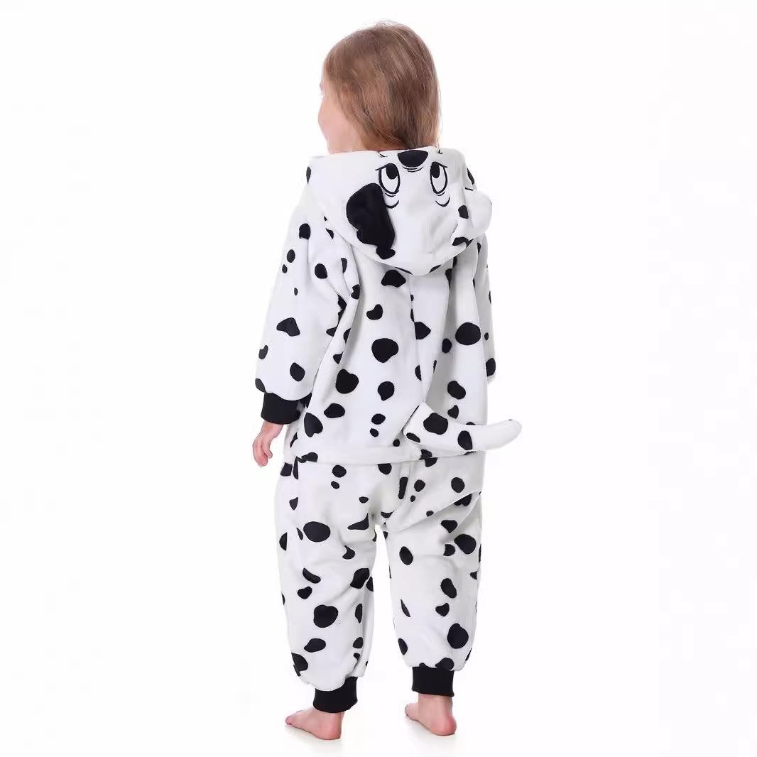 Autumn new children's cartoon styling clothes flannel single-layer spotted dog hooded onesie