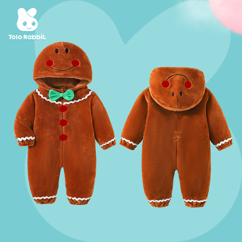 0-3 year old baby autumn new flannel single-layer cartoon-shaped Romper gingerbread man-shaped one-piece Romper