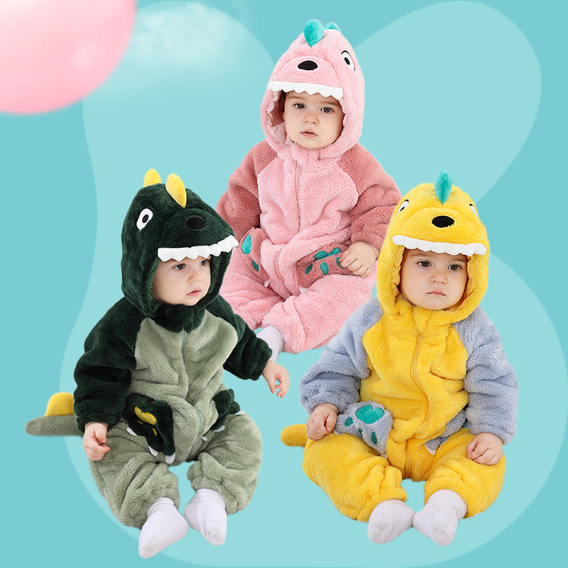 Qile Rabbit Spring and Autumn New Infant and Toddler Baby onesie Cute style contrasting color pocket dinosaur single-layer styling clothes
