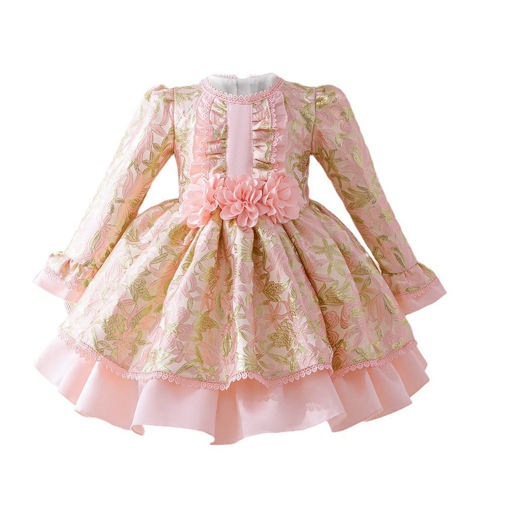 Foreign order new infant dress long-sleeved printed three-dimensional flower girls fluffy Lolita princess dress spot