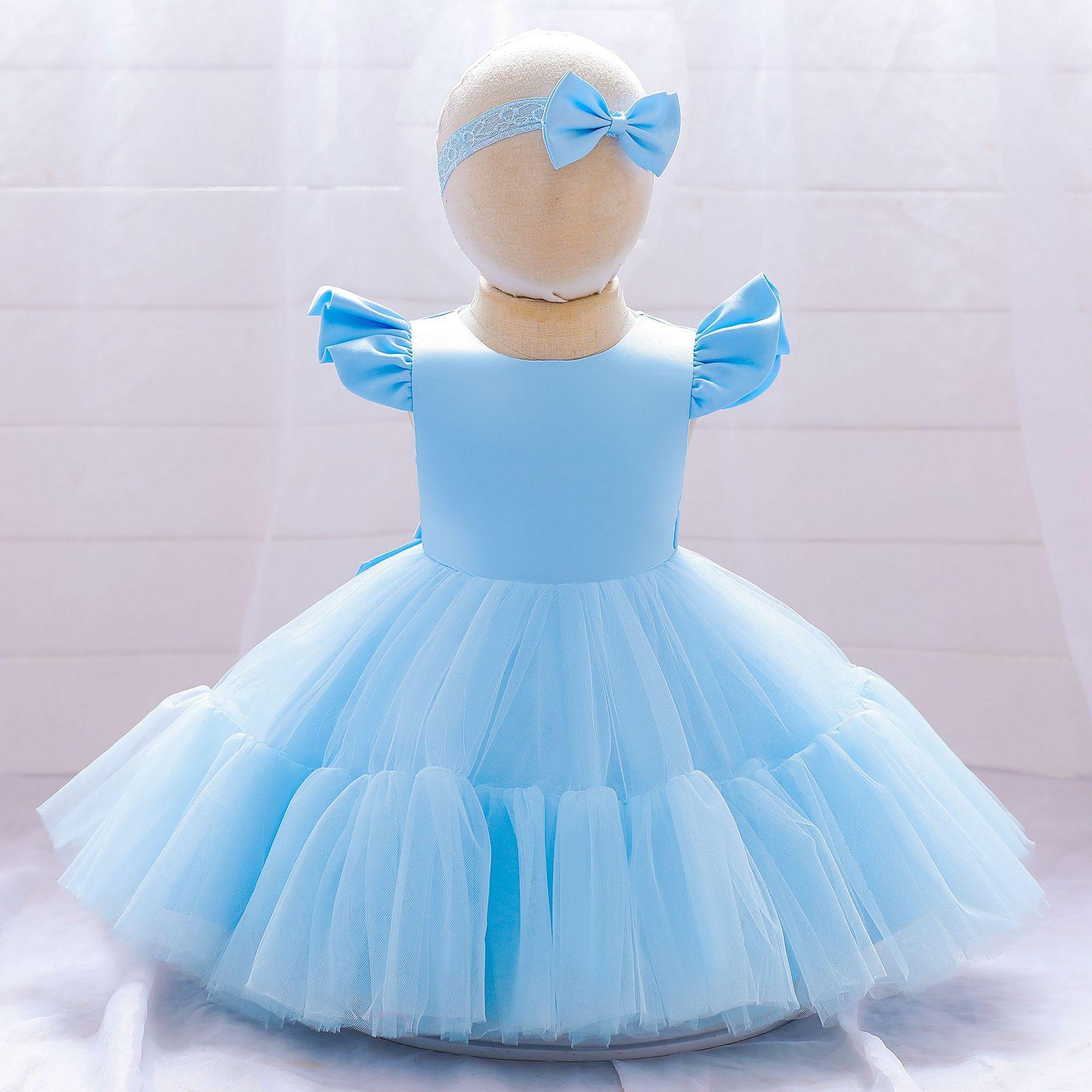 AliExpress Europe and the United States Foreign Trade Children's Dress Princess Dress Flying Sleeve Mesh Bow Wedding Dress Flower Girl Fluffy Dress