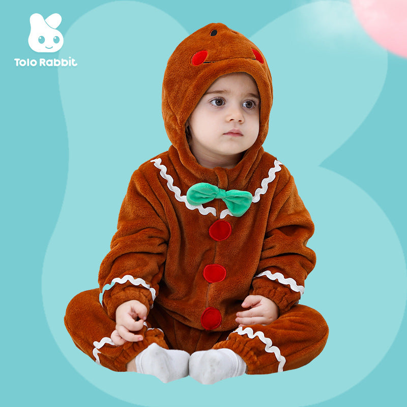 0-3 year old baby autumn new flannel single-layer cartoon-shaped Romper gingerbread man-shaped one-piece Romper