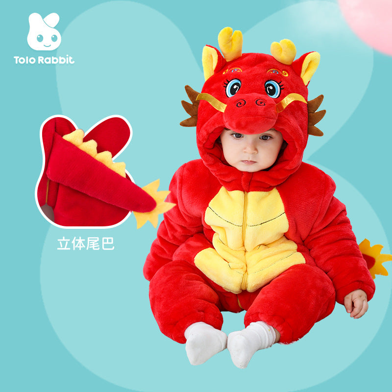 Winter new infant male treasure female treasure cute personality Chinese dragon shape flannel thickened warm Romper