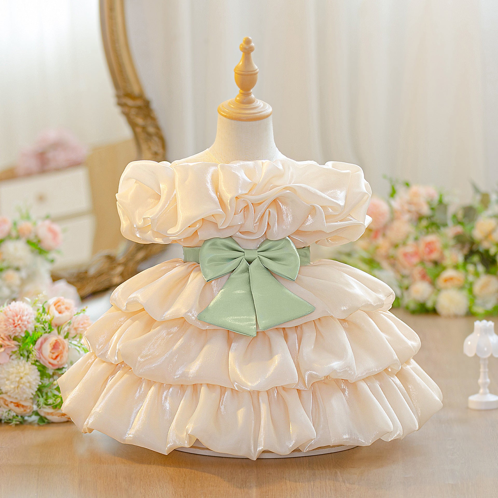 2025 New Children's Dress Flower Girl Birthday Princess Dress Water Gloss Yarn Fluffy Cake Dress Small Host Performance Dress