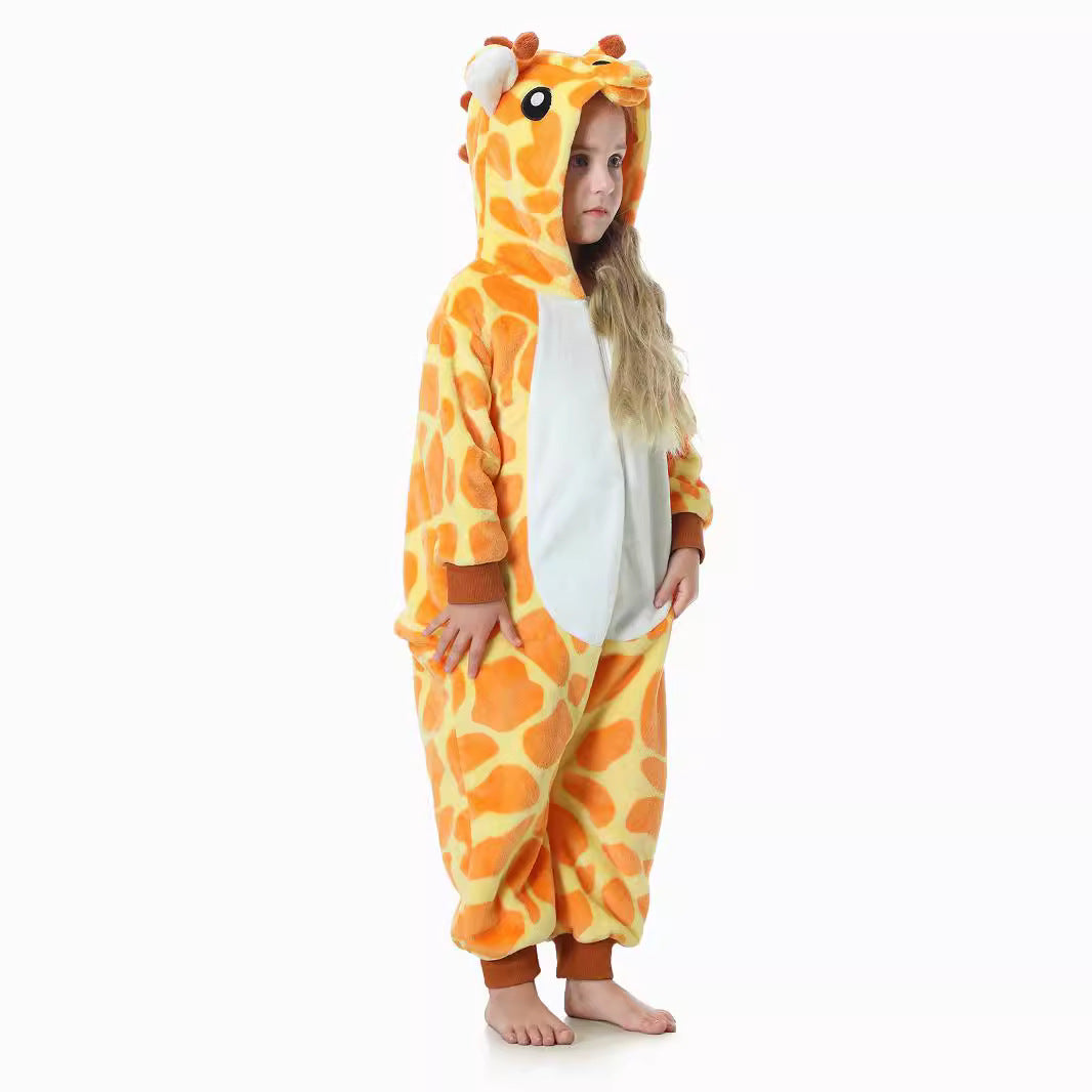 Autumn new children's cartoon styling clothes flannel single-layer cute giraffe spring and autumn styling onesie