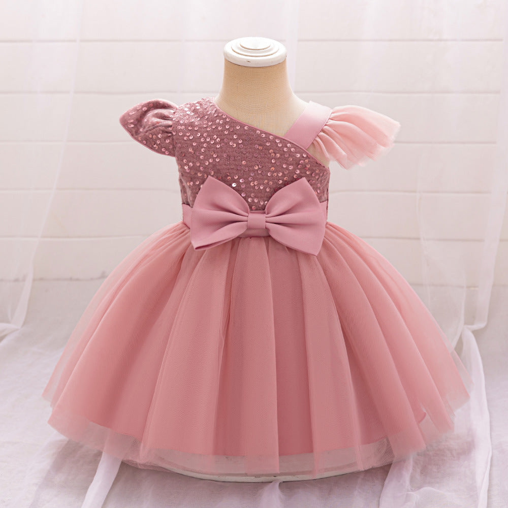 Europe and the United States ebay baby and child slash shoulder small flying sleeve sequined mesh fluffy princess skirt hemming comfortable breathable skirt
