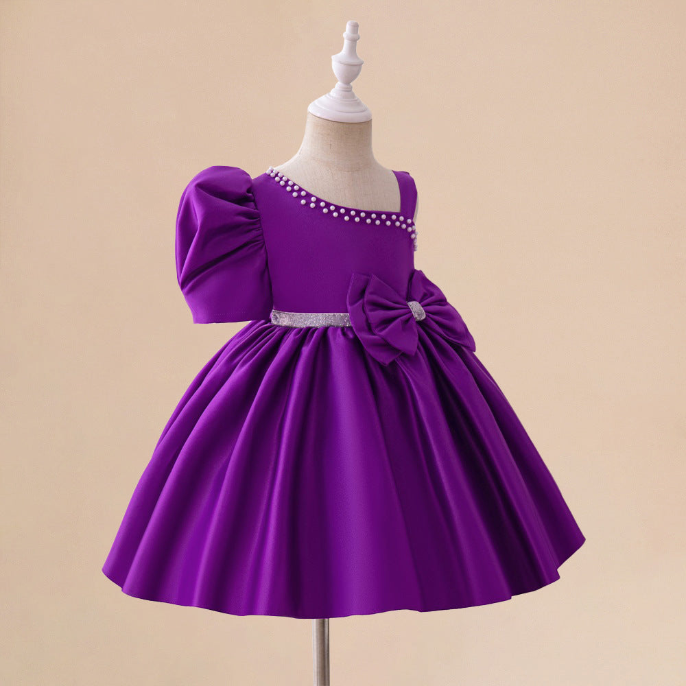 European, American and medium-sized children's dresses, beaded irregular shoulder-spilling princess dresses, satin cloth bows, tutu dresses, catwalk costumes