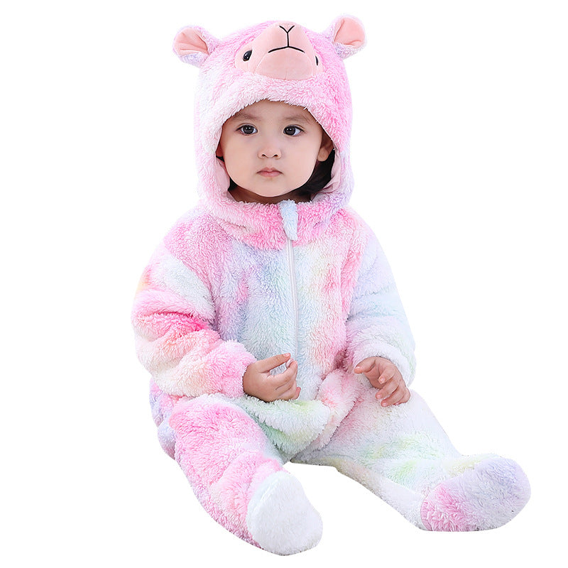 Qile Rabbit new rainbow gradual change baby onesie alpaca hooded plush climbing clothes infant cute out clothes