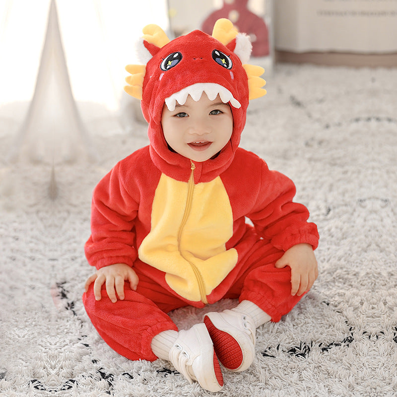 Qile Rabbit autumn new 0-3 year old baby single layer flannel Chinese dragon shape hooded one-piece Romper