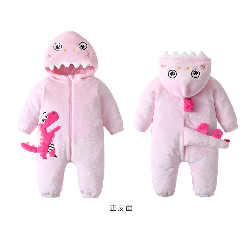 Qile Rabbit autumn new baby comfortable flannel single-layer cute little dinosaur shape one-piece Romper