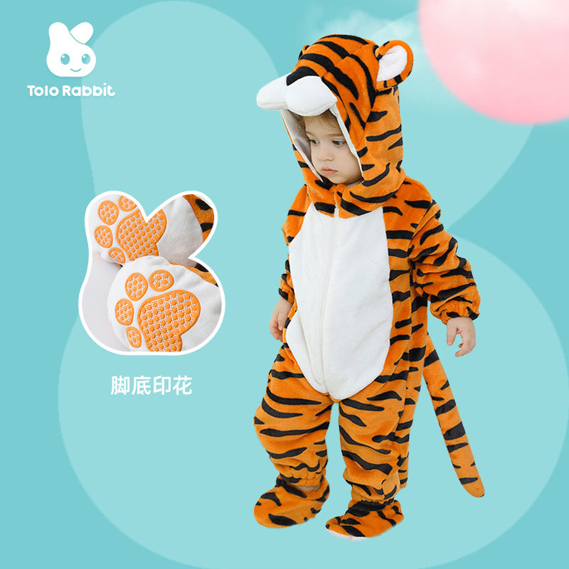 Qile Rabbit autumn new baby cute onesie orange tiger shape foot shape clothes
