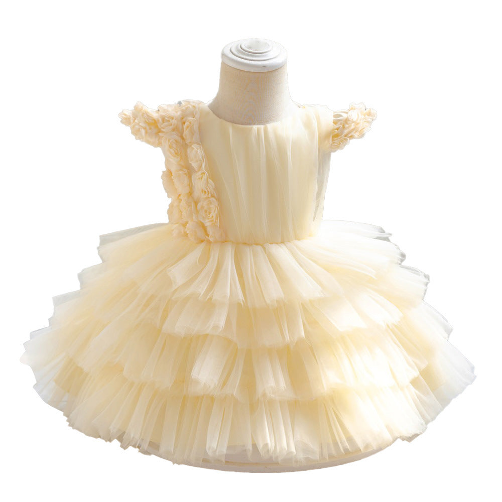 Amazon baby dress small fly sleeves champagne rose three-dimensional flower multi-layer cake fluffy princess dress