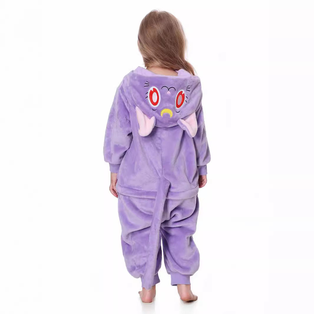 Autumn new children's cartoon styling clothes flannel single-layer elf cat hooded onesie