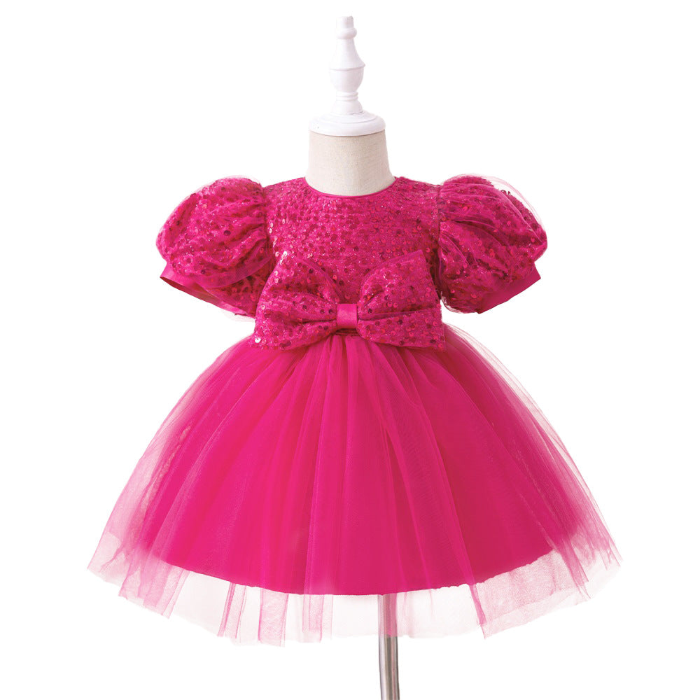 2025 new children's first-year dress sequined princess dress fluffy mesh skirt cross-border bubble sleeve children's wedding dress