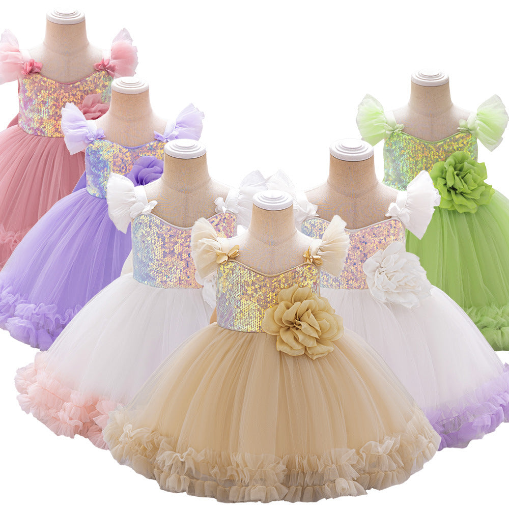 New cross-border children's performance dress Xiaofei sleeve sequined princess dress one-year-old dress skirt festive tutu skirt gauze skirt