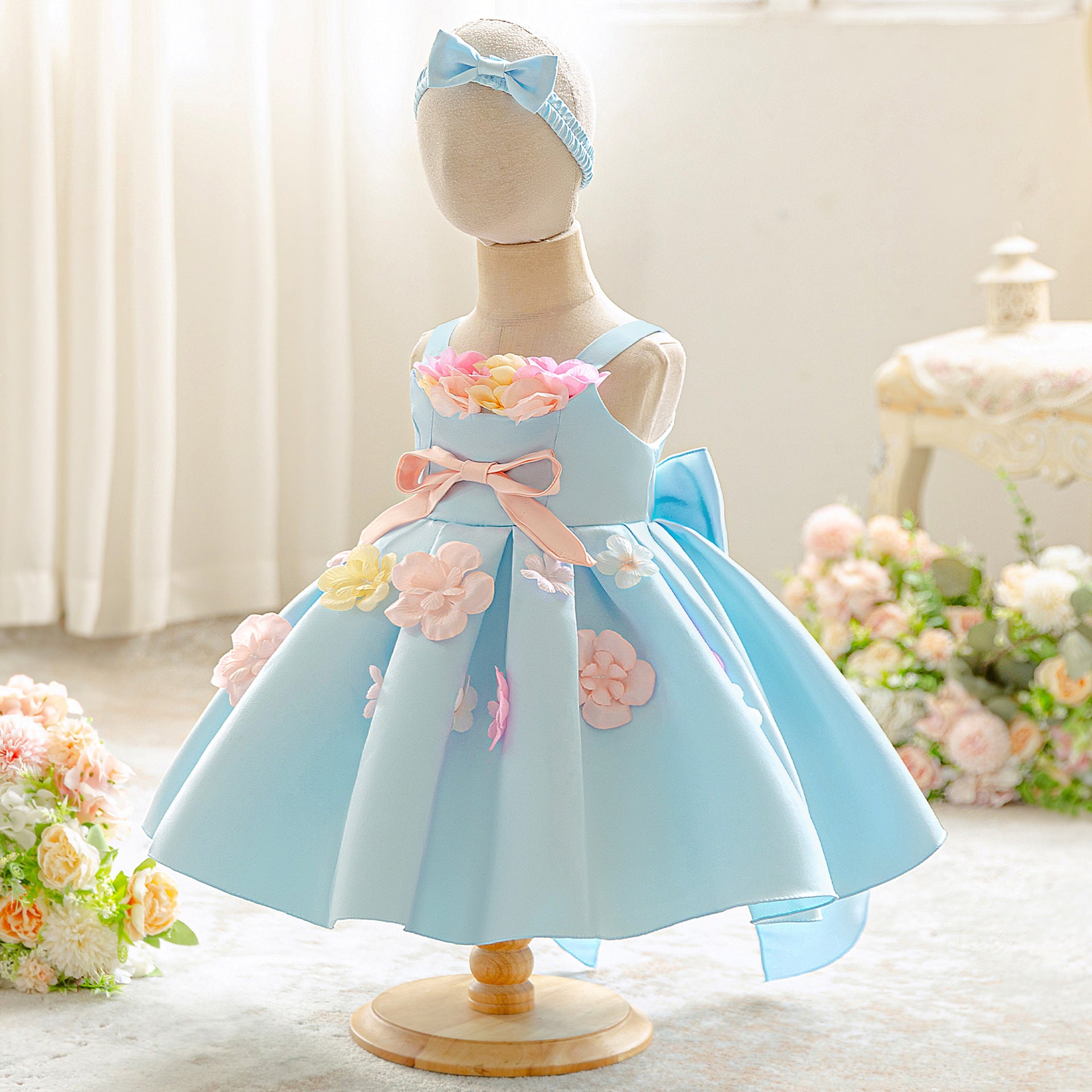 Girls dress green Mori princess dress applique birthday party flower girl dress mesh baby party dress
