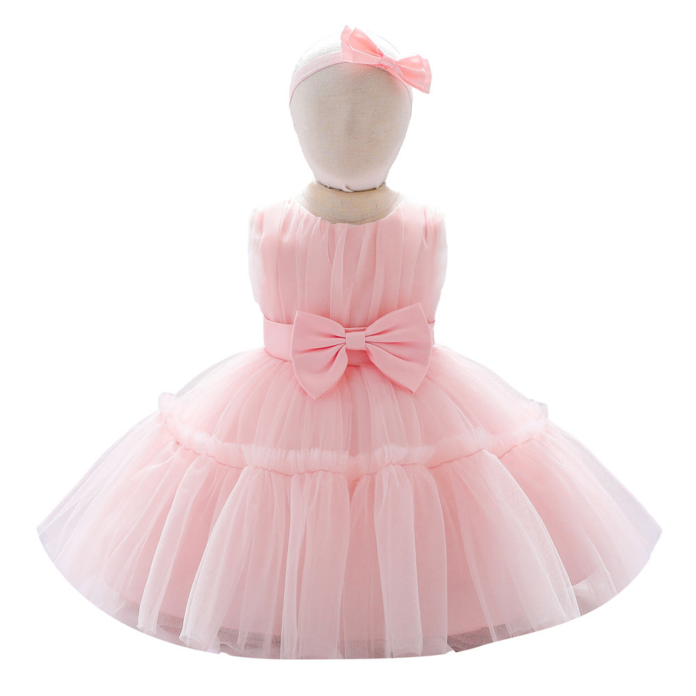 Amazon wish one-year-old dress baby girl sleeveless puffy gauze skirt full moon gift 100 days children's dress with headdress