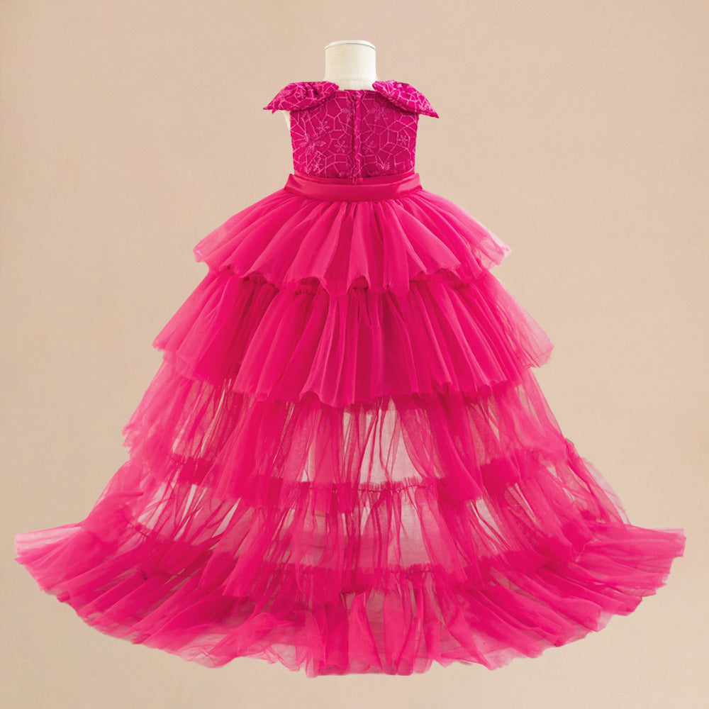 European and American medium and small children's dresses, princess dresses, rose red embroidered mesh yarn, fluffy cake dresses, tail removable two dresses