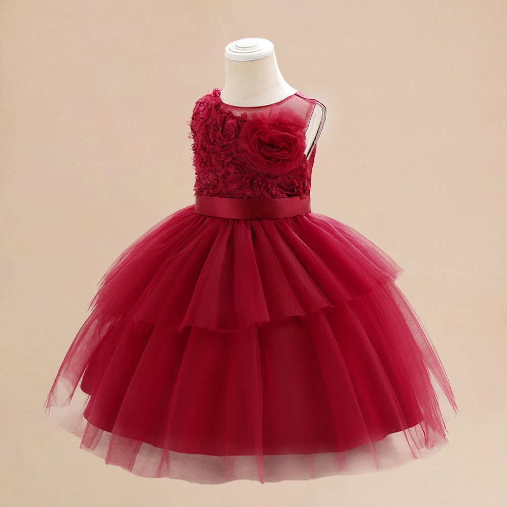 European and American baby full moon one-year-old banquet dress sleeveless three-dimensional flower dress waist cake skirt mesh skirt